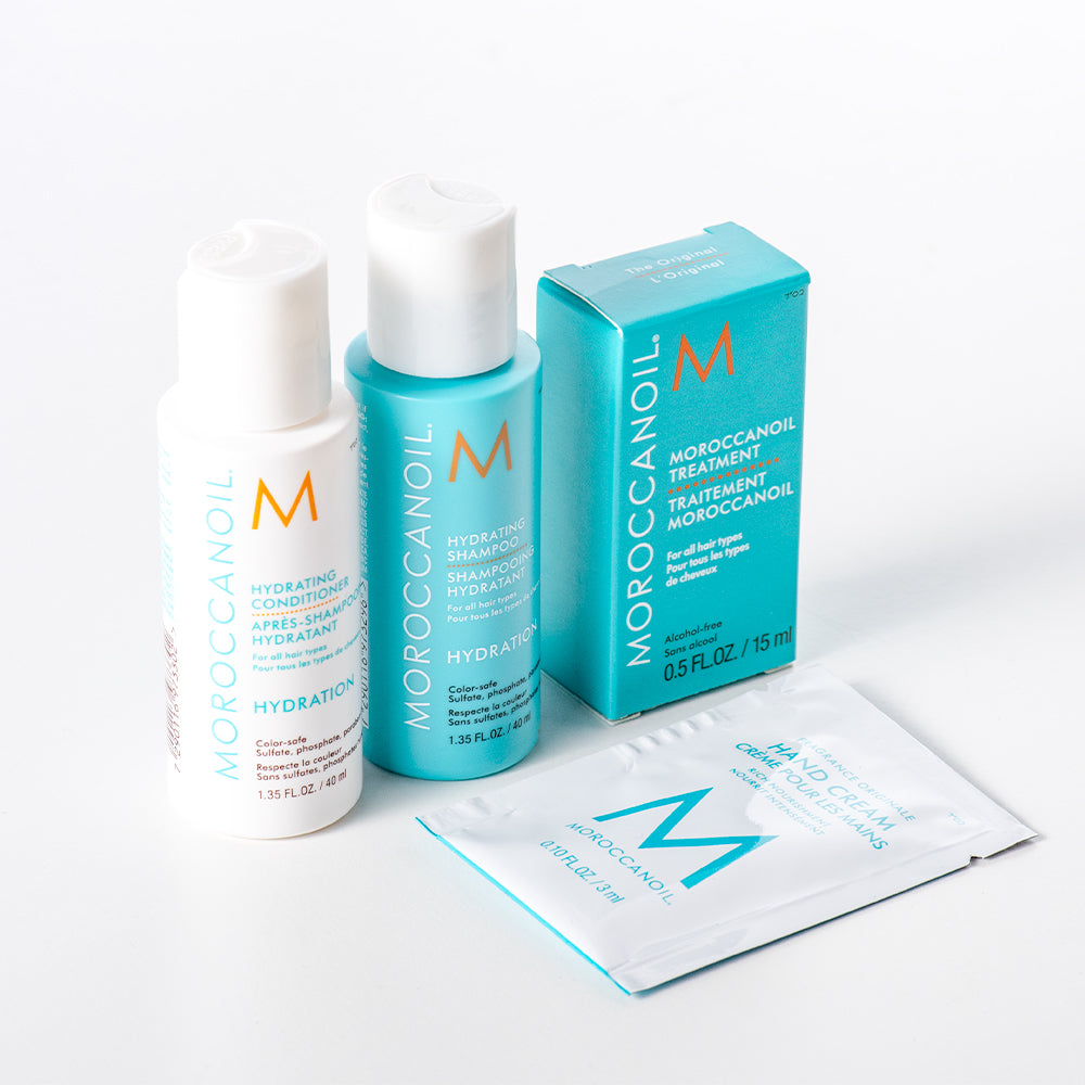 Moroccanoil Hydrating Travel Kit (4-Piece Set) - With Shampoo, Conditioner, Treatment Oil & Hand Cream
