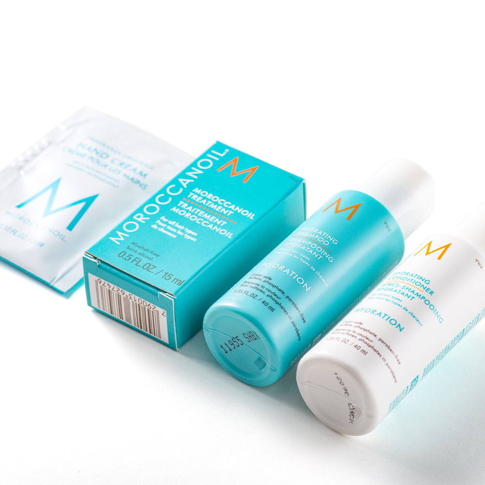 Moroccanoil Hydrating Travel Kit (4-Piece Set) - With Shampoo, Conditioner, Treatment Oil & Hand Cream