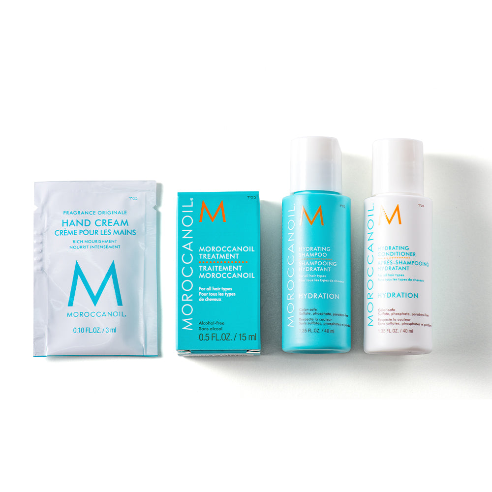 Moroccanoil Hydrating Travel Kit (4-Piece Set) - With Shampoo, Conditioner, Treatment Oil & Hand Cream