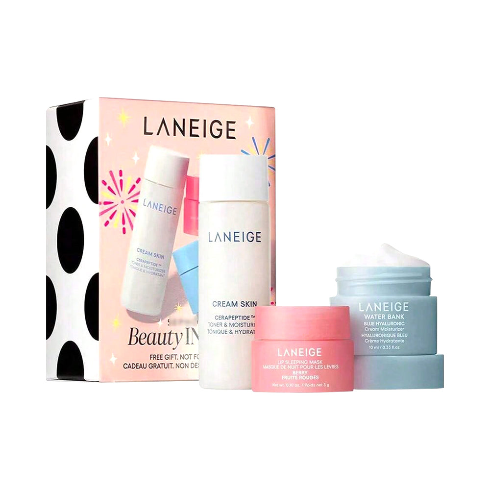Laneige Water Bank Mouth Sleeping Mask Cream Skin, TRAVEL SIZE MINI, Water Bank Moisturizer Mask (10mL/ 0.33 Fl.Oz ), Lip Sleeping Mask In Shade Berry (3g/ 0.10 Oz), Cream Skin Cerapeptide Toner &amp; Moisturizer (25mL/ 0.84 Fl.Oz)