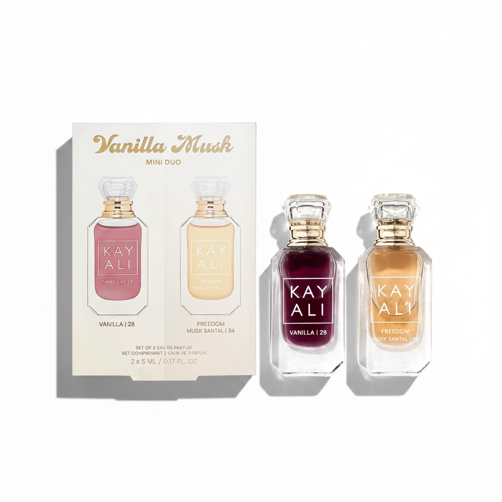 Kayali Vanilla Musk Mini Duo Flat Lay with Left Shadow